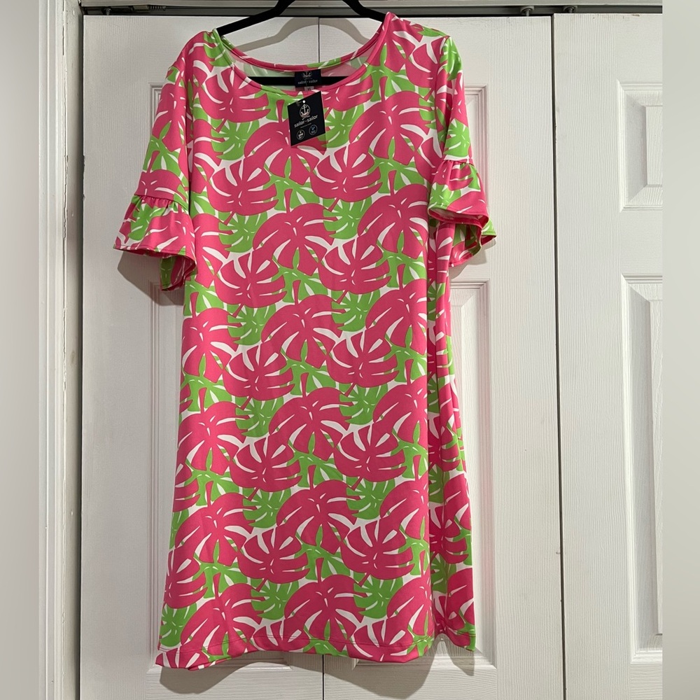 🩷💚🆕MWT Sailor Sailor Pink and Green monstera Leaf Print Dress XL